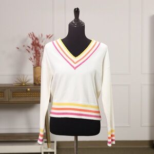 Women's V-Neck Striped Sweater - White with Pink and Yellow Accents